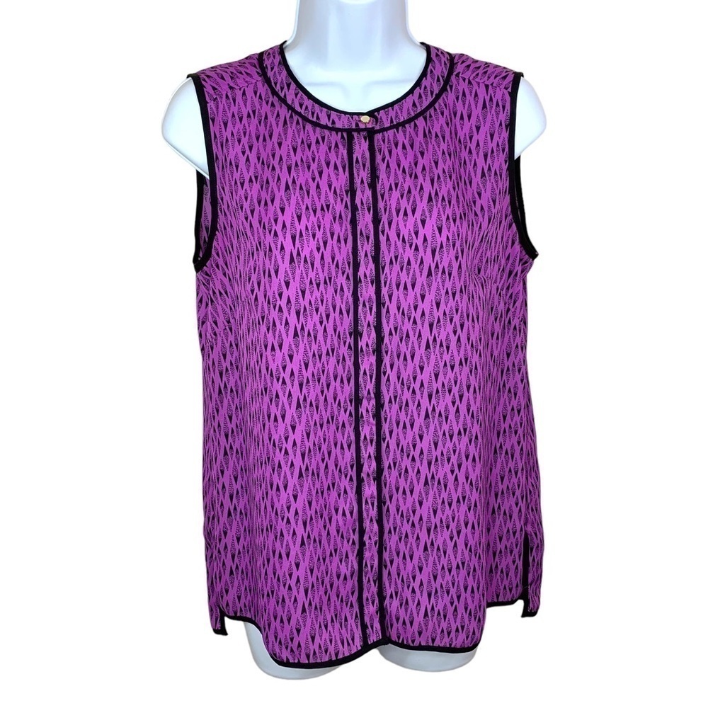 Liz Claiborne Purple Black Geometric Print Semi Sheer Blouse Sleeveless Small